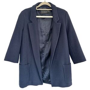 Zara Navy Blue Open-Front Textured Blazer With 3/4 Sleeves